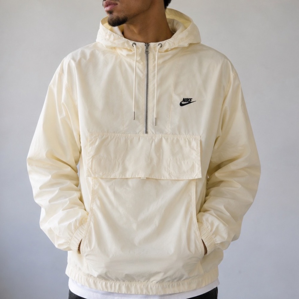 Nike Mens XXL Cream Anorak Windbreaker Half Zip Hooded Jacket Big Logo Pocket